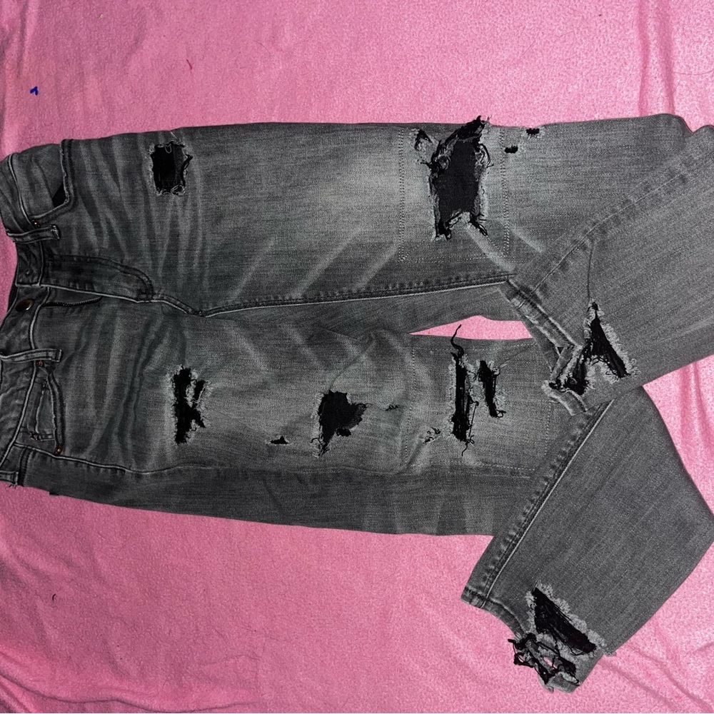 american eagle straight leg black distressed stretch ripped jeans